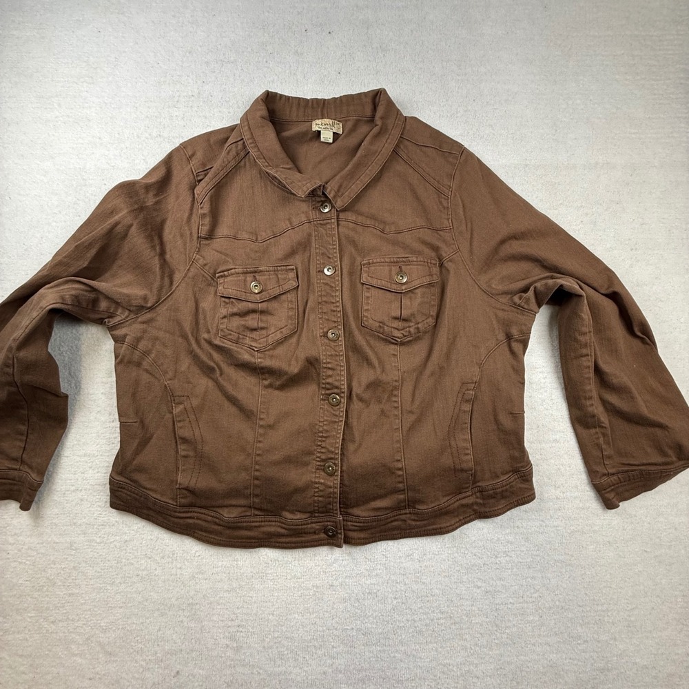 One World Brown Denim Trucker Jacket Plus Size 3X earthy mushroom utility casual